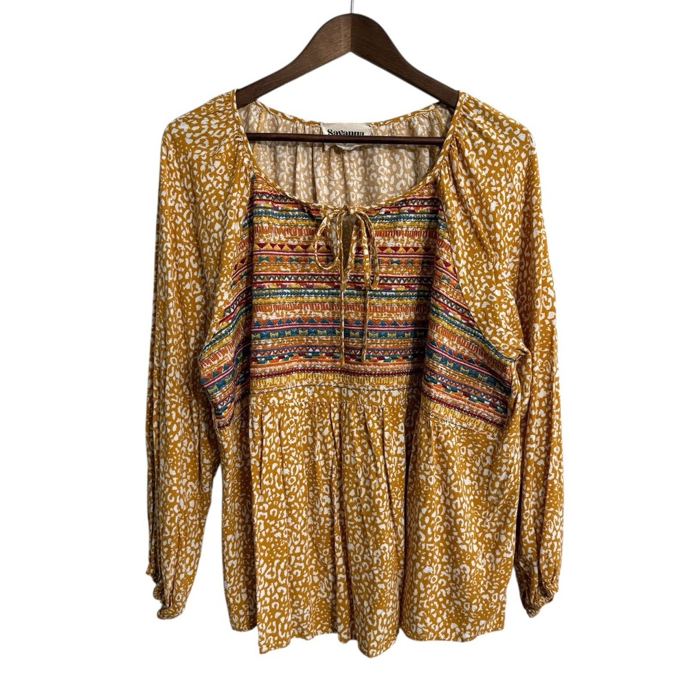 Savanna Jane top women's 1X marigold leopard embroidered boho cottage aztec